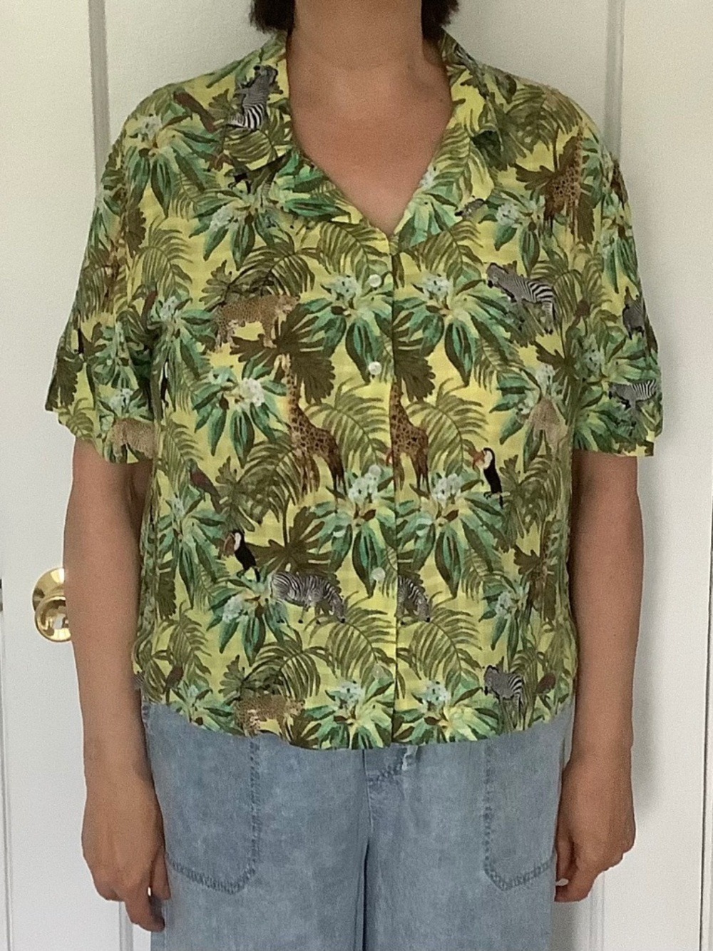 Jane and Delancey Tropical Safari Print Button Up Shirt Jungle Animals Size XL